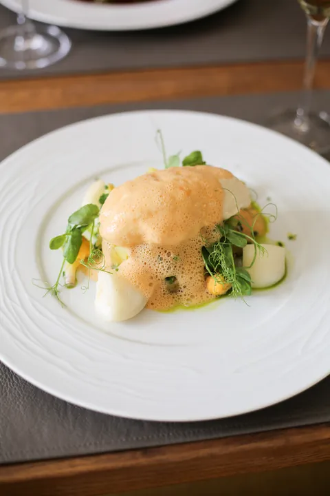 Pike quenelles with crayfish foam and honeyed turnip