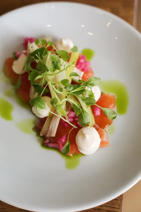 Ginger-cured salmon with bergamot mayonnaise and asparagus shavings