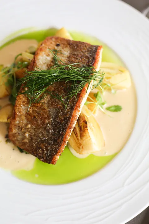 Pan-fried whitefish with crisp skin, marsala sauce and spinach potatoes